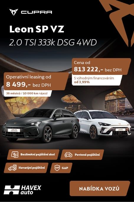  CUPRA Leon SP VZ 2.0 TSI 333k DSG 4WD – skladovka, která vás nenechá chladnými. Na operák už od 8 499 Kč nebo za hotové se zvýhodněním a úrokem 3,99 %. | HAVEX-auto s.r.o.