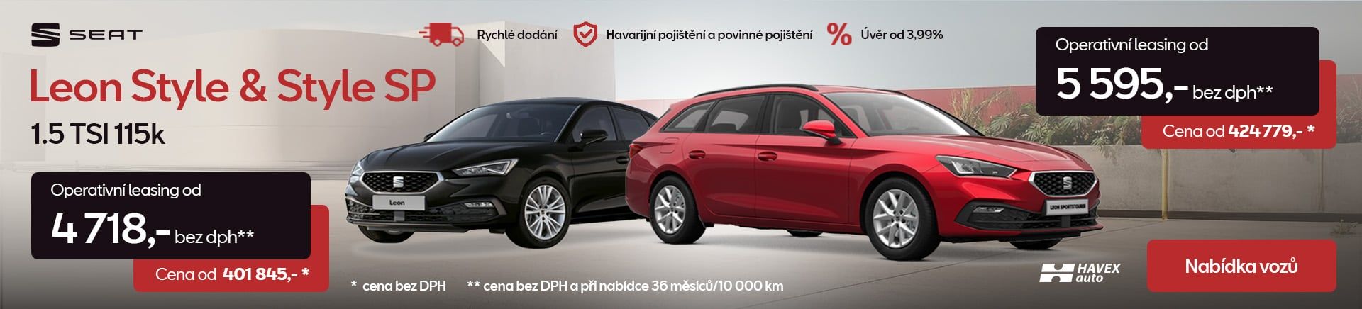  SEAT Leon – praktičnost a elegance v akční nabídce. Na operák již od 4 718 Kč nebo za hotové se zvýhodněním a financováním s úrokem od 3,99 % | HAVEX-auto s.r.o.