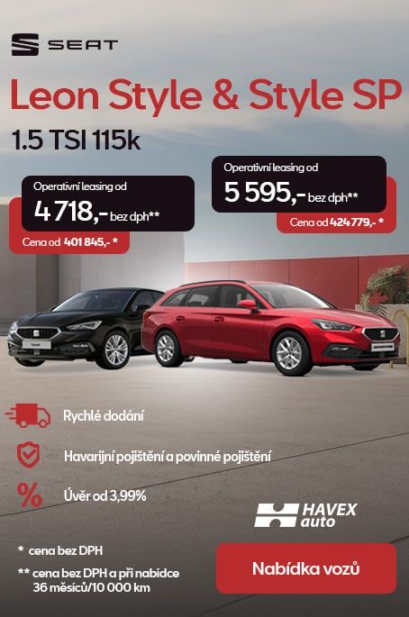  SEAT Leon – praktičnost a elegance v akční nabídce. Na operák již od 4 718 Kč nebo za hotové se zvýhodněním a financováním s úrokem od 3,99 % | HAVEX-auto s.r.o.