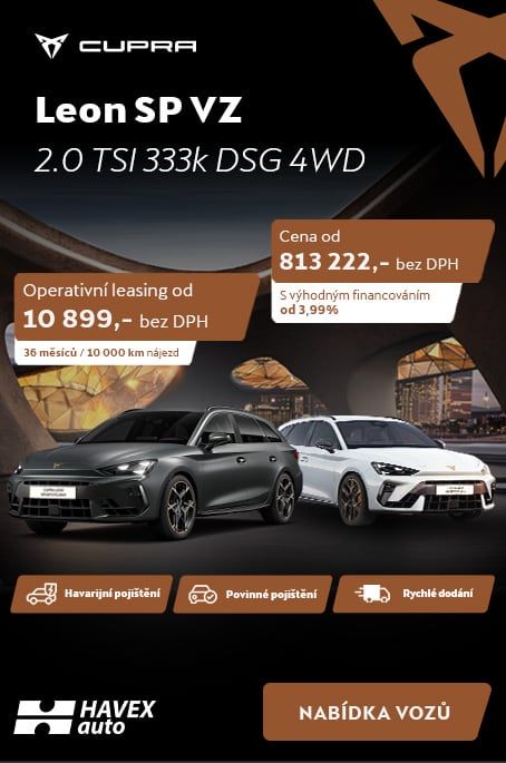  CUPRA Leon SP VZ 2.0 TSI 333k DSG 4WD – skladovka, která vás nenechá chladnými. Na operák už od 8 499 Kč nebo za hotové se zvýhodněním a úrokem 3,99 %. | HAVEX-auto s.r.o.
